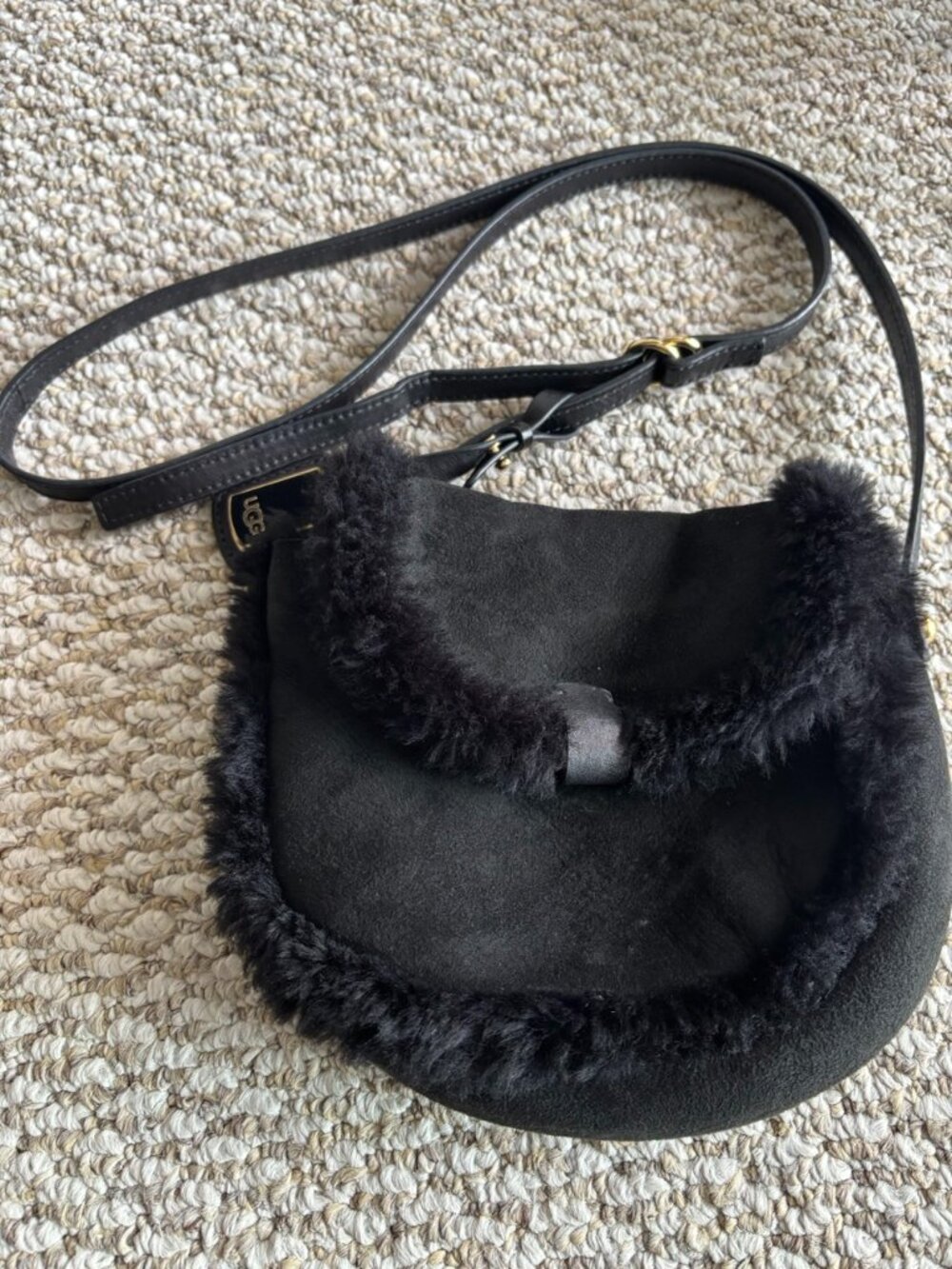 UGG Black Suede Shearling Crossbody Saddle Bag Gold Hardware